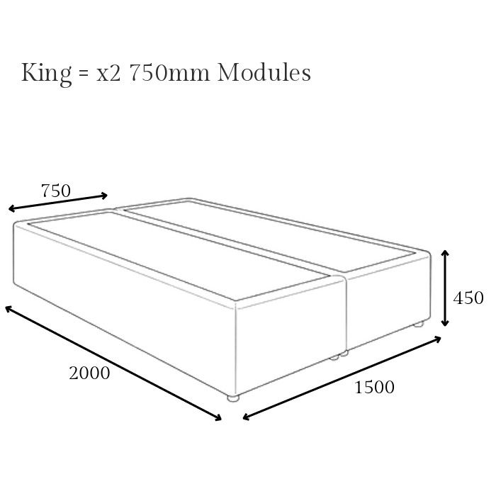 Technical line drawing of a Divan King bed base showing modular dimensions of 1500x2000mm made from two 750mm sections.
