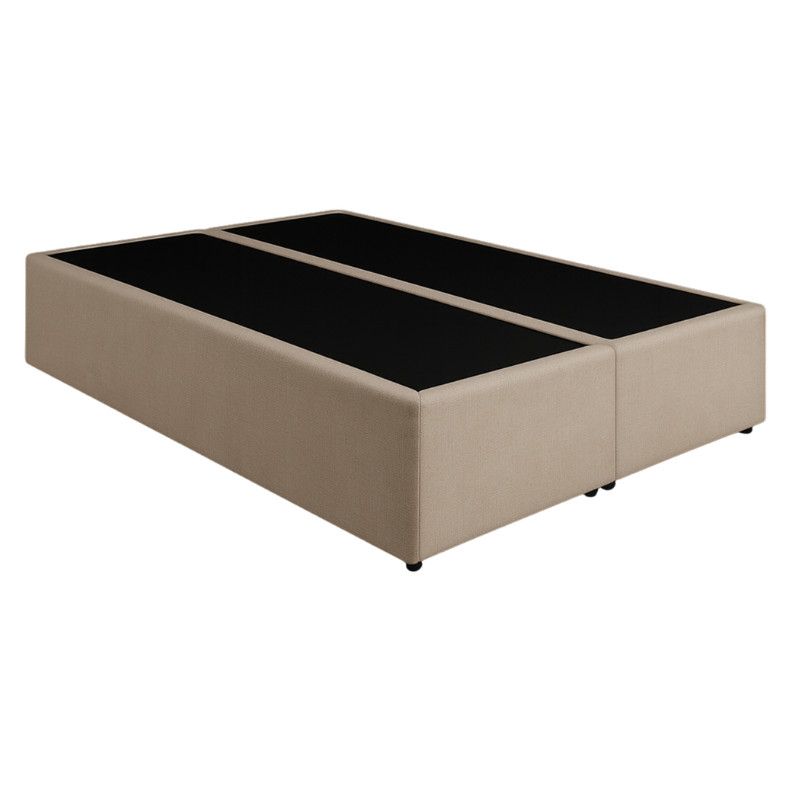 High-angle view of a beige upholstered Divan King bed base, showing two connected sections with a black top surface.