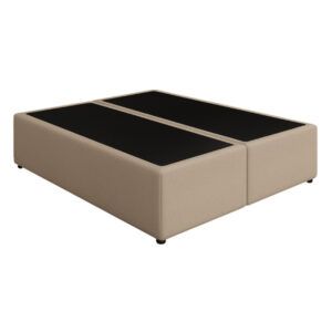 Beige upholstered Super King Divan bed base, split into two sections with black top surfaces, isolated on white.
