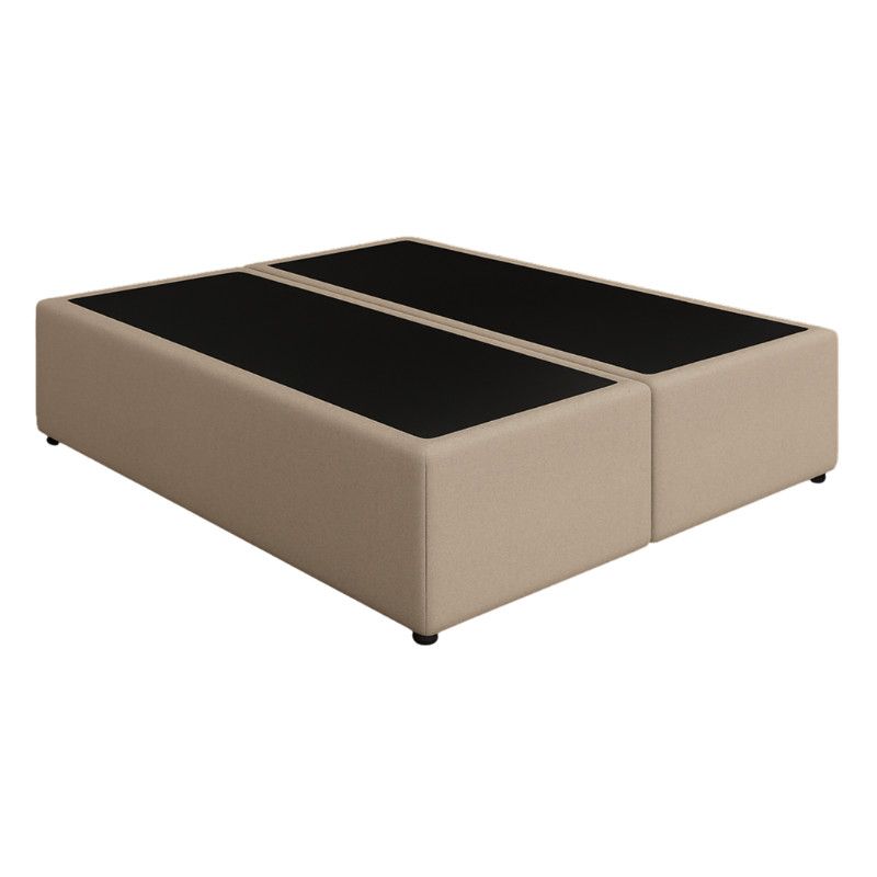 Beige upholstered Super King Divan bed base, split into two sections with black top surfaces, isolated on white.