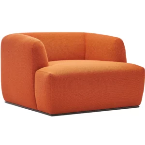 Loop lounge chair in vibrant orange textured fabric with a low-profile, sculptural, fully upholstered design.