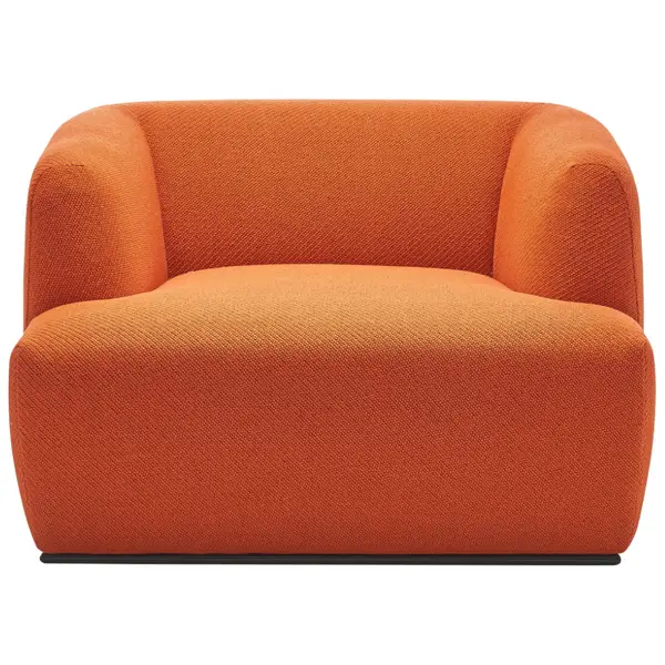 Direct front view of the Loop Lounge Chair, showcasing its rounded, fully upholstered frame and warm fabric texture.