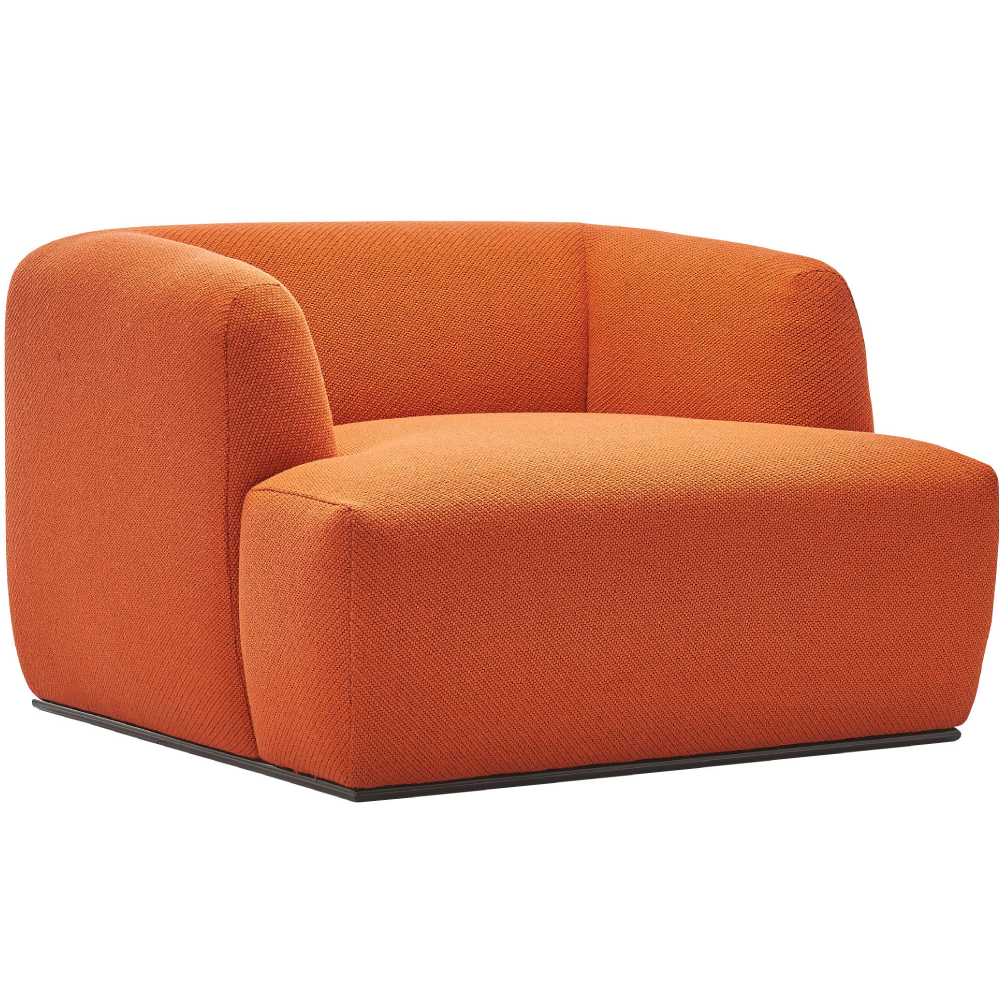 Loop lounge chair in vibrant orange textured fabric with a low-profile, sculptural, fully upholstered design.
