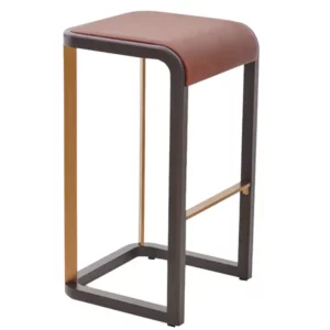 Flento barstool with dark wood frame, contoured brown upholstered seat, and gold metal footrest details.