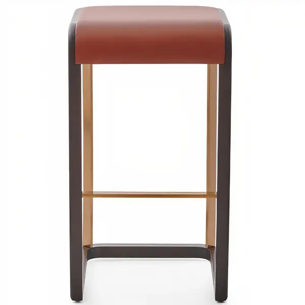 Front view of the Flento barstool, featuring a rich wooden frame, terracotta seat, and sleek brass-toned footrest.