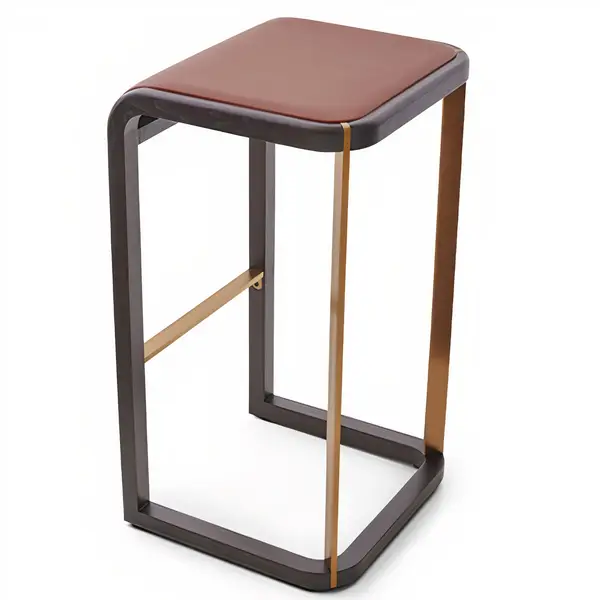 Three-quarter angle of the Flento barstool showing a dark wood frame, deep red seat, and metallic copper-toned supports.