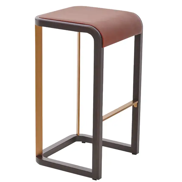 Flento barstool with dark wood frame, contoured brown upholstered seat, and gold metal footrest details.