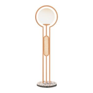 Frame floor lamp with a gold metal geometric frame, rattan inlay, spherical glass shade, and circular terrazzo base.