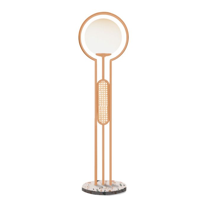 Frame floor lamp with a gold metal geometric frame, rattan inlay, spherical glass shade, and circular terrazzo base.