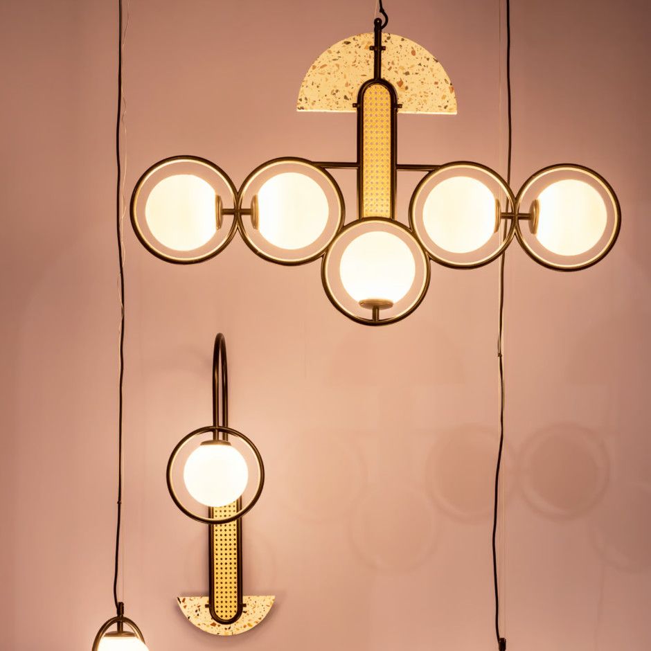 Minimalist Frame Large Pendant Light featuring a multi-light horizontal design with glowing orbs and speckled stone accents.