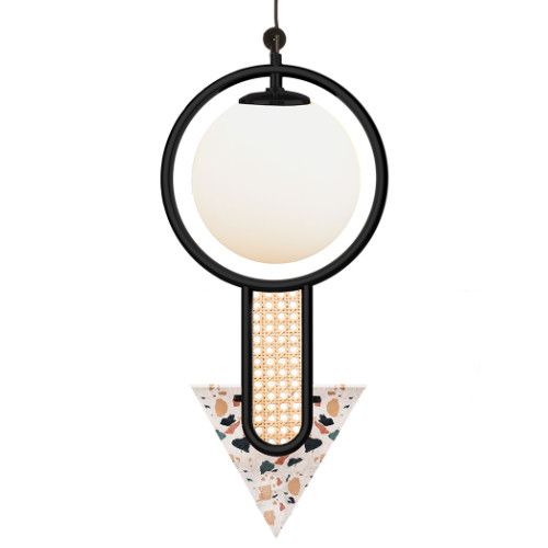 Frame Medium Pendant Light isolated view featuring a triangular terrazzo base, woven rattan panel, and white glass orb.