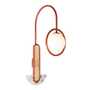 Frame Wall Light in terracotta metal with rattan inlay, terrazzo base, and a spherical glass shade on white background.