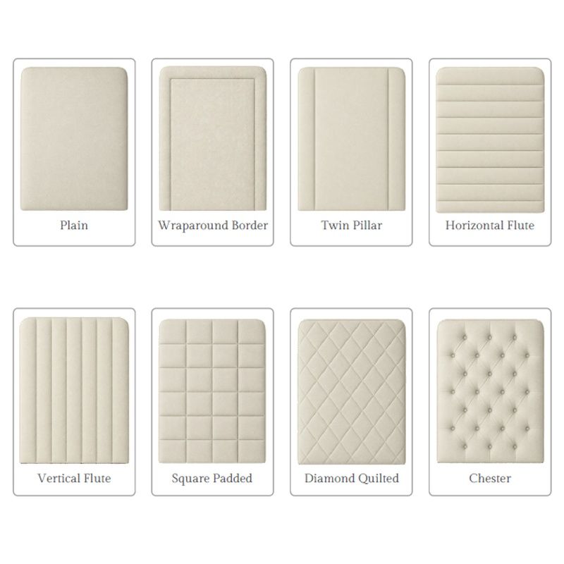 Comparison chart displaying eight cream upholstered headboard styles, including the Twin Pillar design, on white backgrounds.
