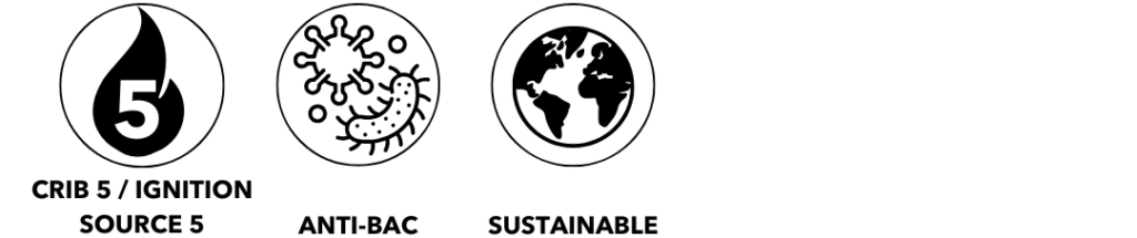 Three icons representing Crib 5 fire safety, anti-bacterial properties, and global sustainability.