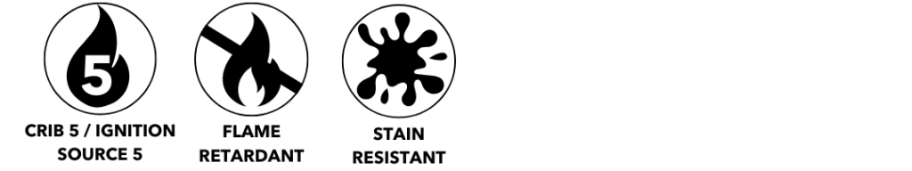 Three circular icons indicating Crib 5 ignition source compliance, flame retardant properties, and stain resistance.