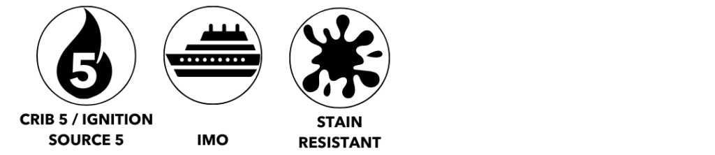Black icons depicting Crib 5 fire safety, an IMO marine ship, and a stain-resistant ink blot.