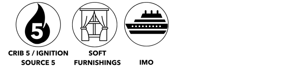 Three circular icons representing Crib 5 fire safety, soft furnishings, and IMO maritime standards.