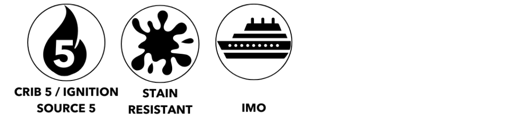 Three icons representing Crib 5 fire safety, stain resistance, and IMO marine compliance.