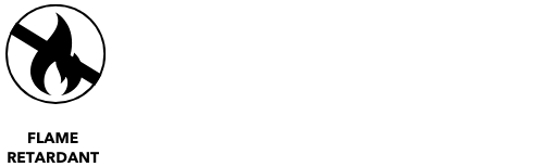 Black icon of a flame inside a circle with a diagonal strike-through line, labeled below as FLAME RETARDANT.