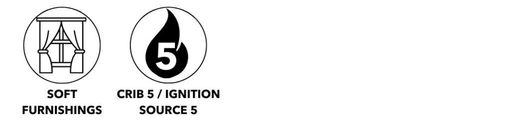 Two circular icons displaying a window curtain for soft furnishings and a flame symbol for Crib 5 ignition source 5.