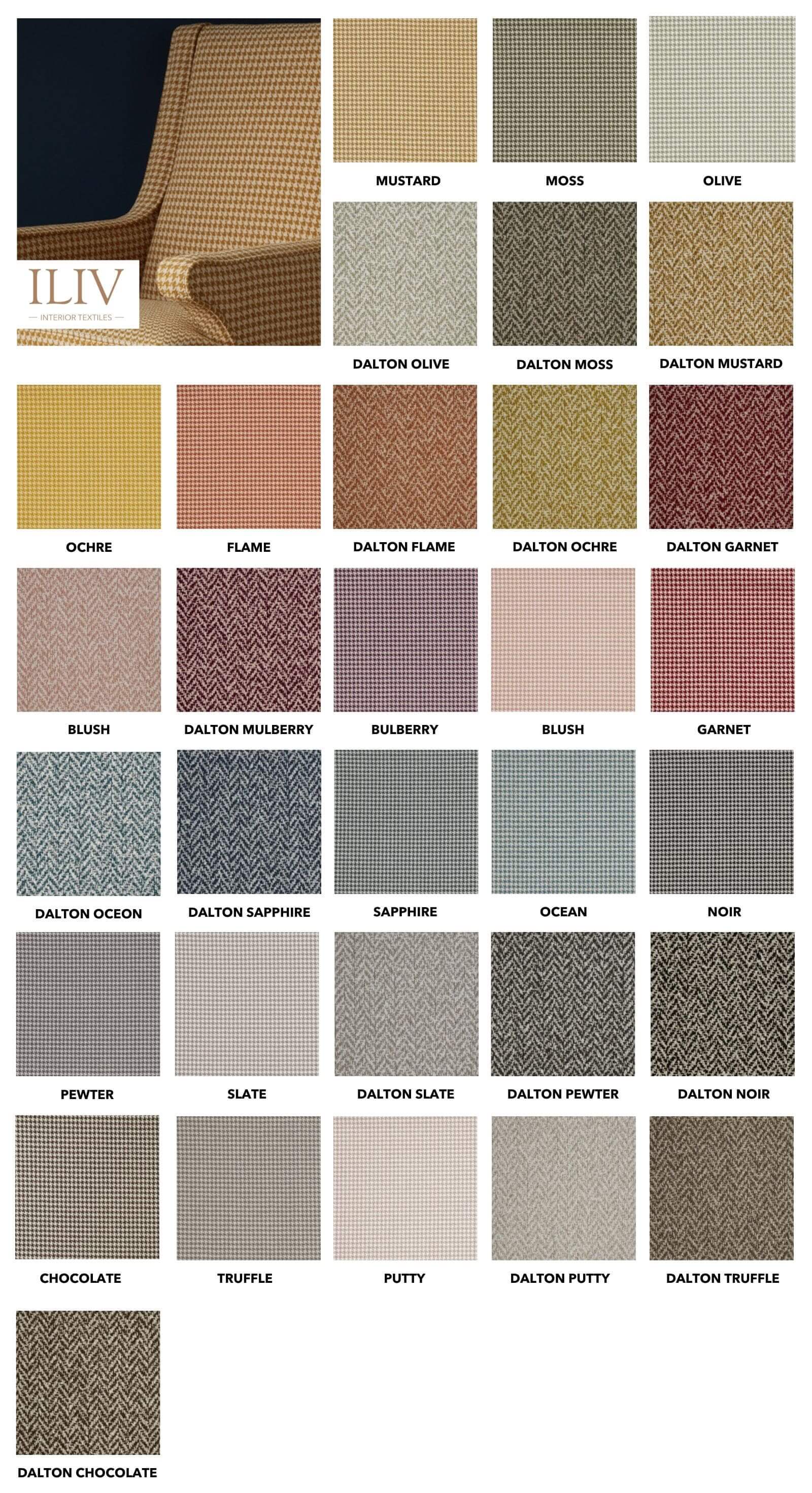 Grid of thirty-one fabric swatches displaying traditional woven patterns in various colors labeled with ILIV branding.