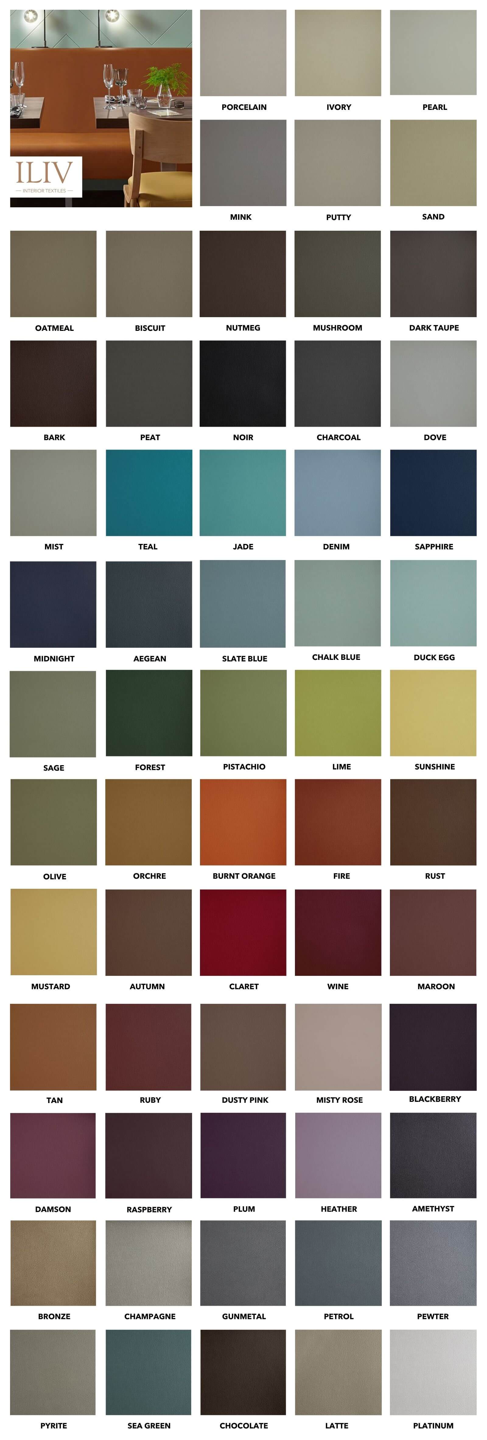 ILIV Burghley faux leather collection featuring a restaurant interior image alongside a grid of sixty-five color swatches.