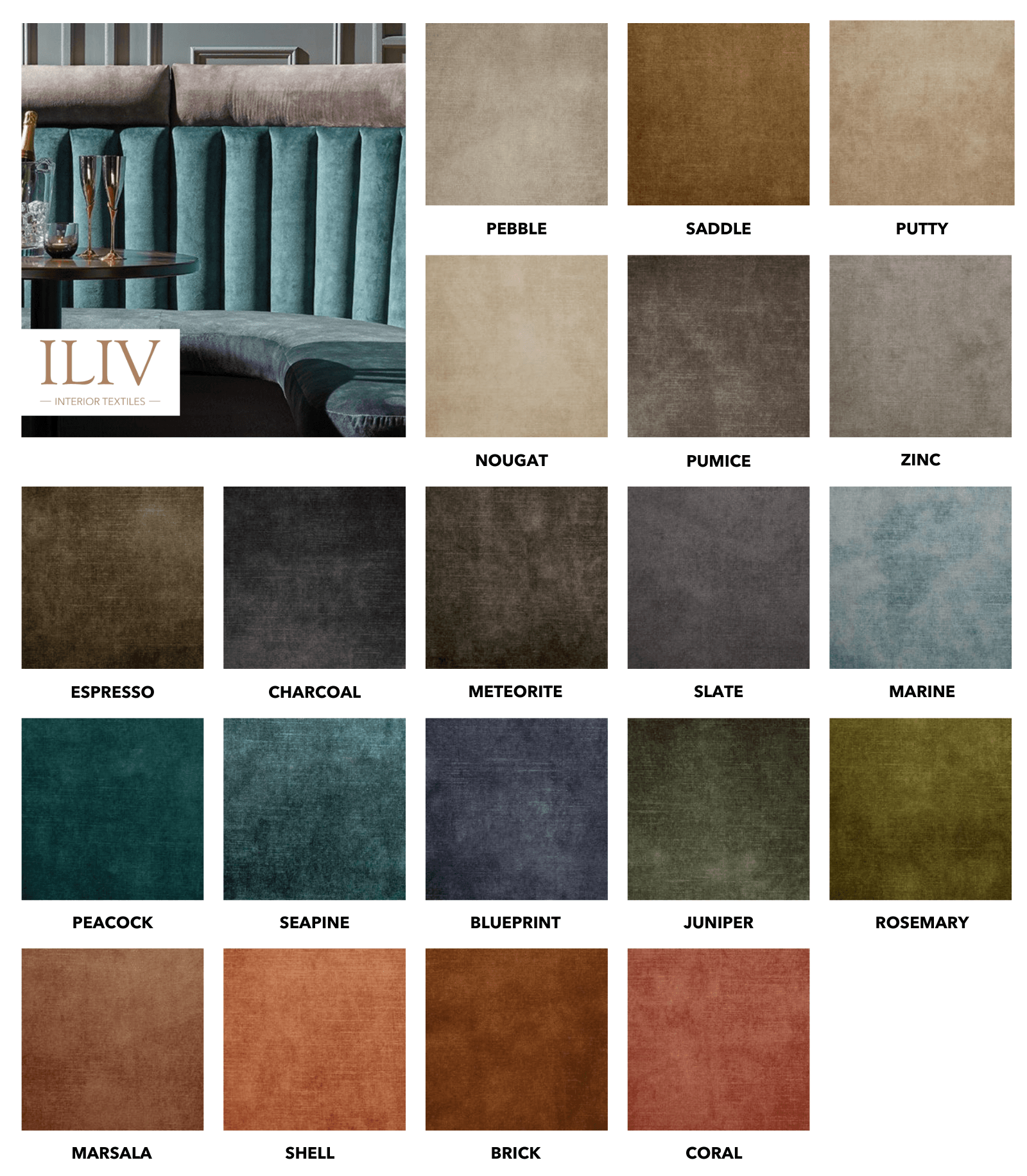 Grid of twenty-one plain velvet fabric color swatches labeled by name, featuring an ILIV branded lifestyle setting.