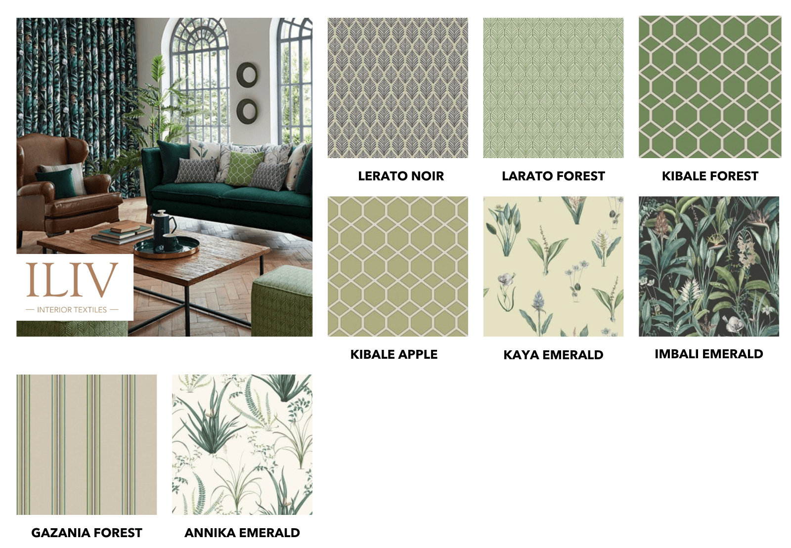 ILIV printed fabric catalog displaying geometric patterns like Kibale and botanical motifs such as Imbali and Annika.