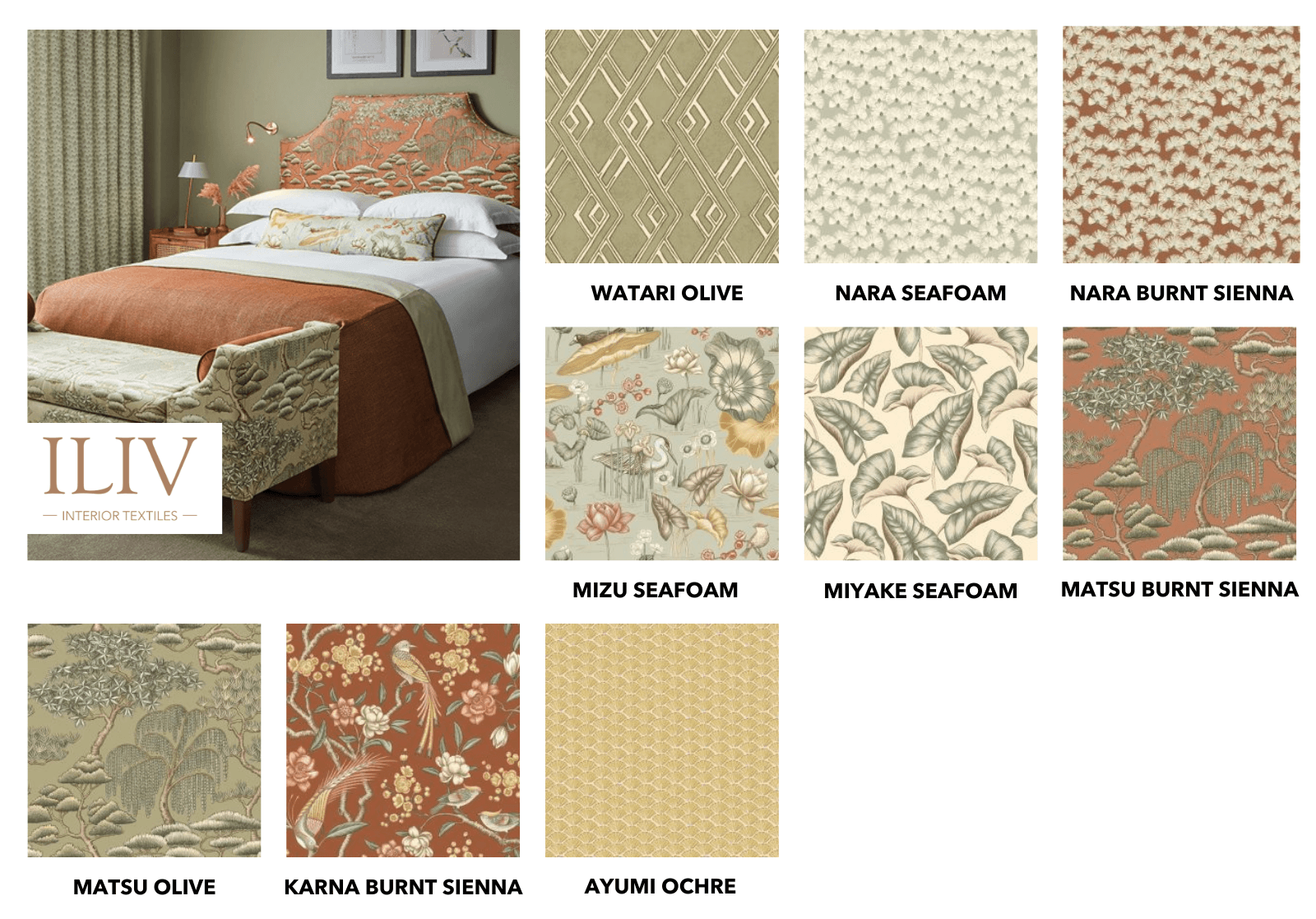 ILIV printed fabric collection featuring nature-inspired patterns like Matsu, Mizu, and Karna in olive and burnt sienna.