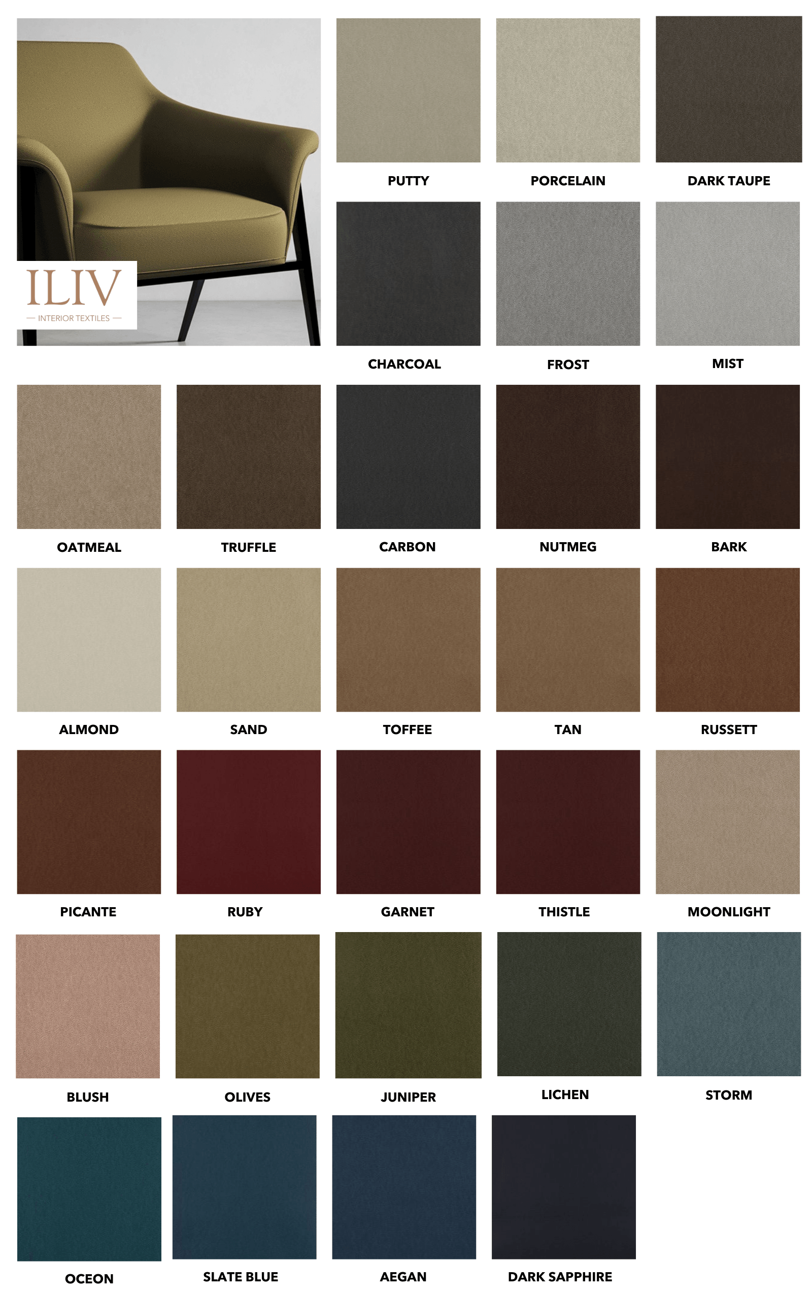 ILIV Lismore collection presenting a mustard armchair alongside thirty-three labeled faux leather color swatches.