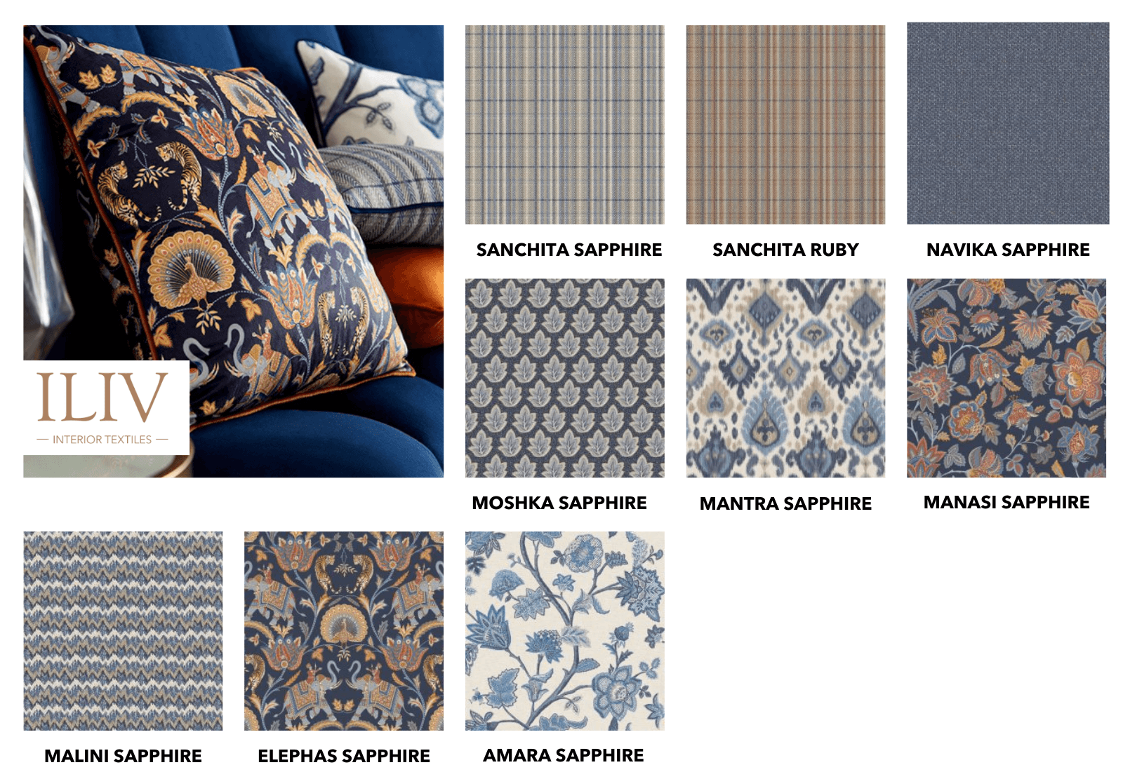 ILIV printed fabric swatch collage featuring the Manpura design with animal and floral motifs alongside other patterns.