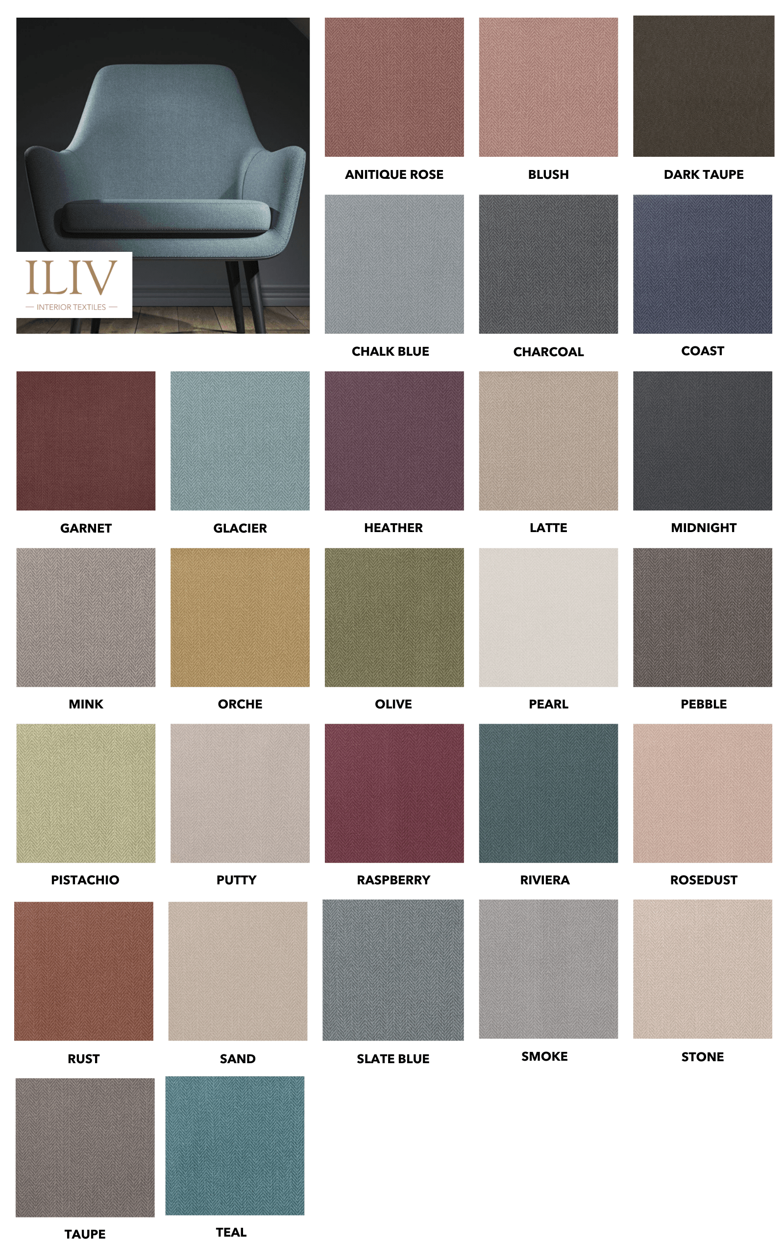 ILIV Nevis faux leather collection displaying a blue armchair alongside thirty-one labeled color swatches.