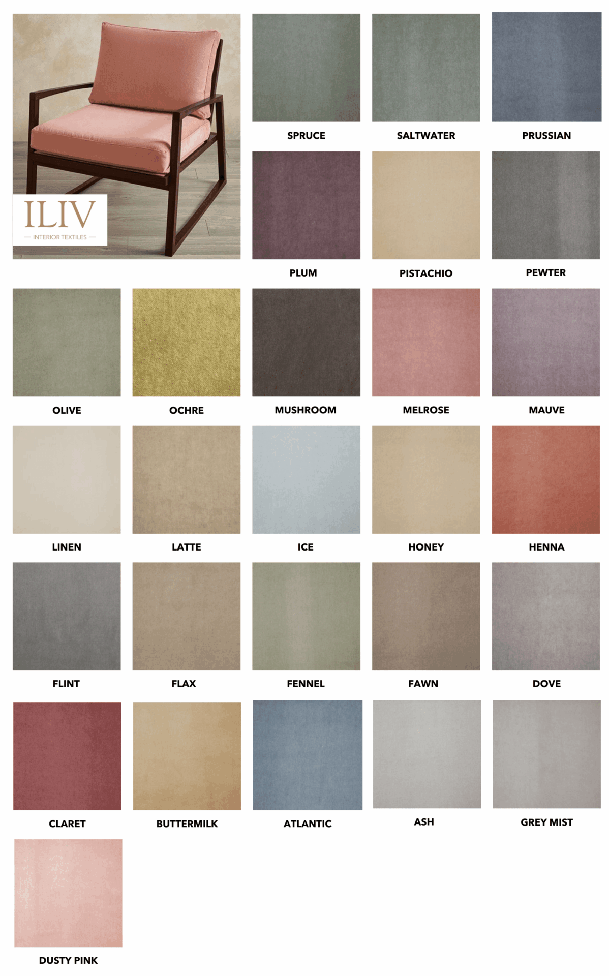 ILIV branded armchair beside a comprehensive array of thirty-one labeled plain velvet fabric swatches in various colors.