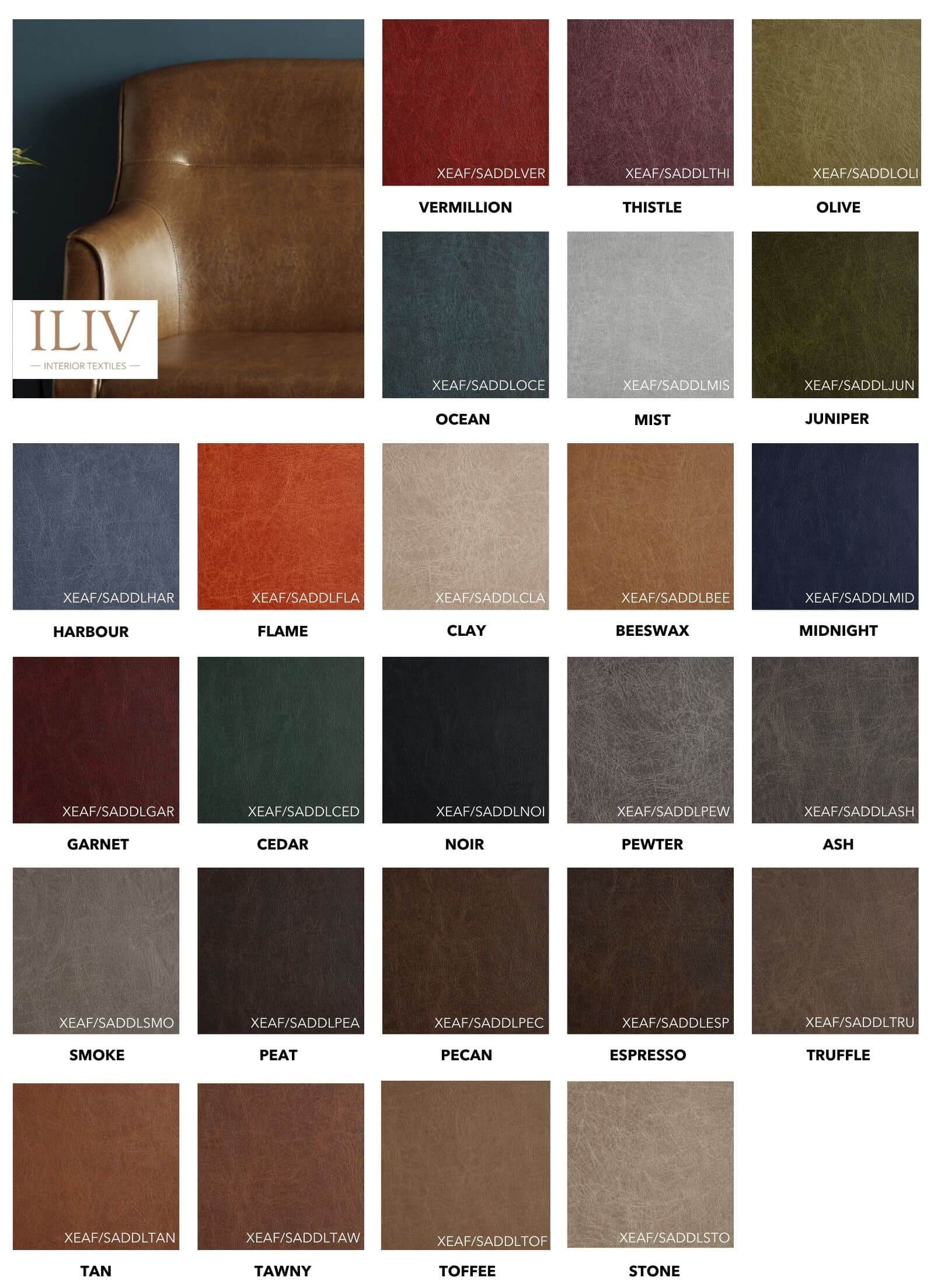 Close-up of a brown leather chair beside a grid of twenty-five labeled faux leather swatches from ILIV Interior Textiles.