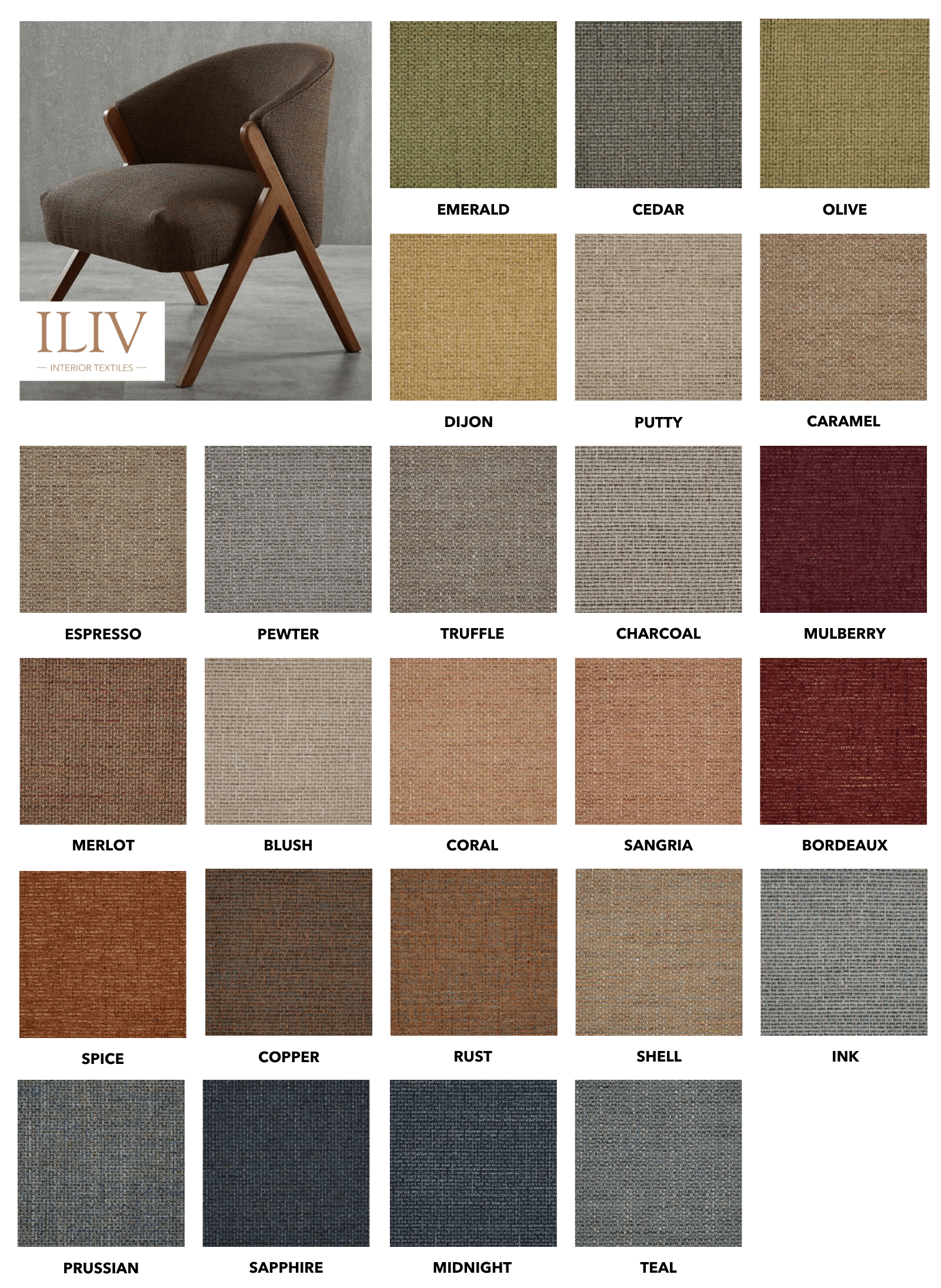 ILIV Solar fabric collection features a brown armchair alongside a grid of 25 textured single-colour woven swatches.