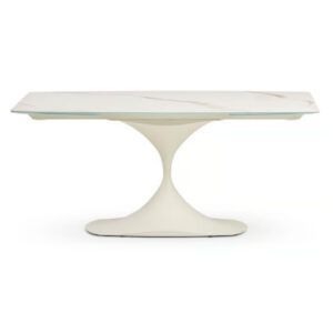 Leo Extendable Dining Table with a white marble-look ceramic top and a sculptural white pedestal metal base.
