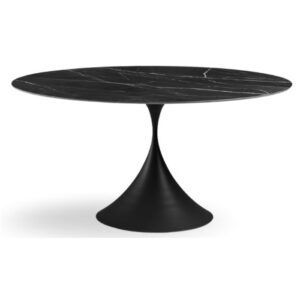 Leo Round Dining Table with a black marble-effect top and sculptural black pedestal base, viewed from a side angle.