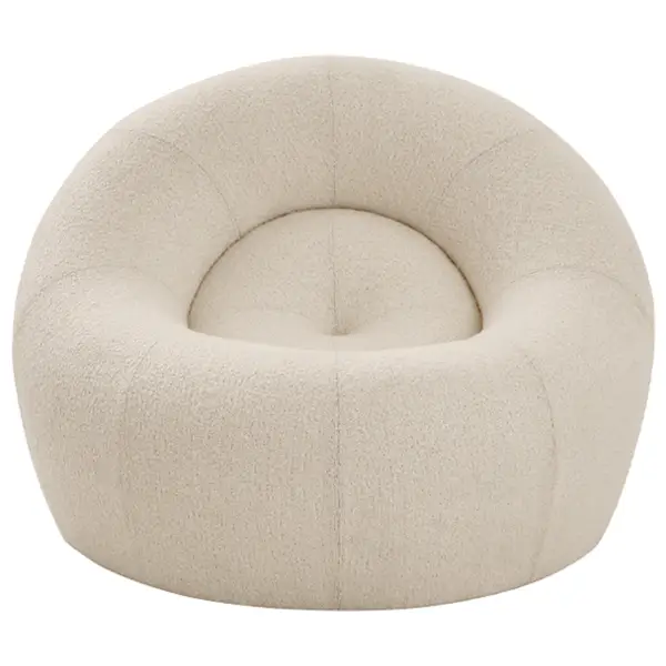 Front view of a beige Loop Sofa showcasing a circular, upholstered design with vertical stitching on a plain background.