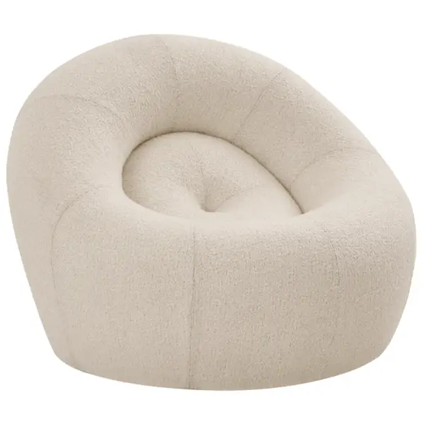Cream colored Loop Sofa with a sculptural, rounded upholstered design and deep, cocoon-like contoured seat.