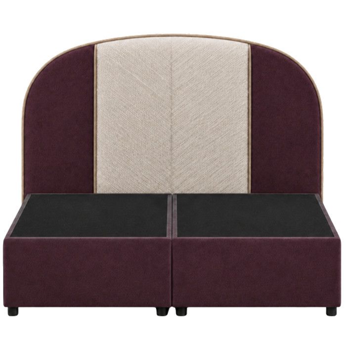 Olive King headboard featuring a curved top, central beige herringbone panel, and contrasting plum side upholstery.