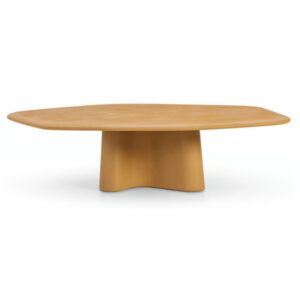 Large organic dining table with a smooth, tan concrete top and sculptural pedestal base on a white background.