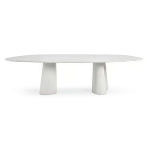Organic Large Dining Table in white concrete with an oval top and two sculptural pedestal bases on a white background.