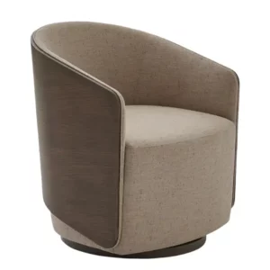 Padova Lounge Chair featuring beige fabric upholstery with a curved dark wood exterior frame on a circular base.