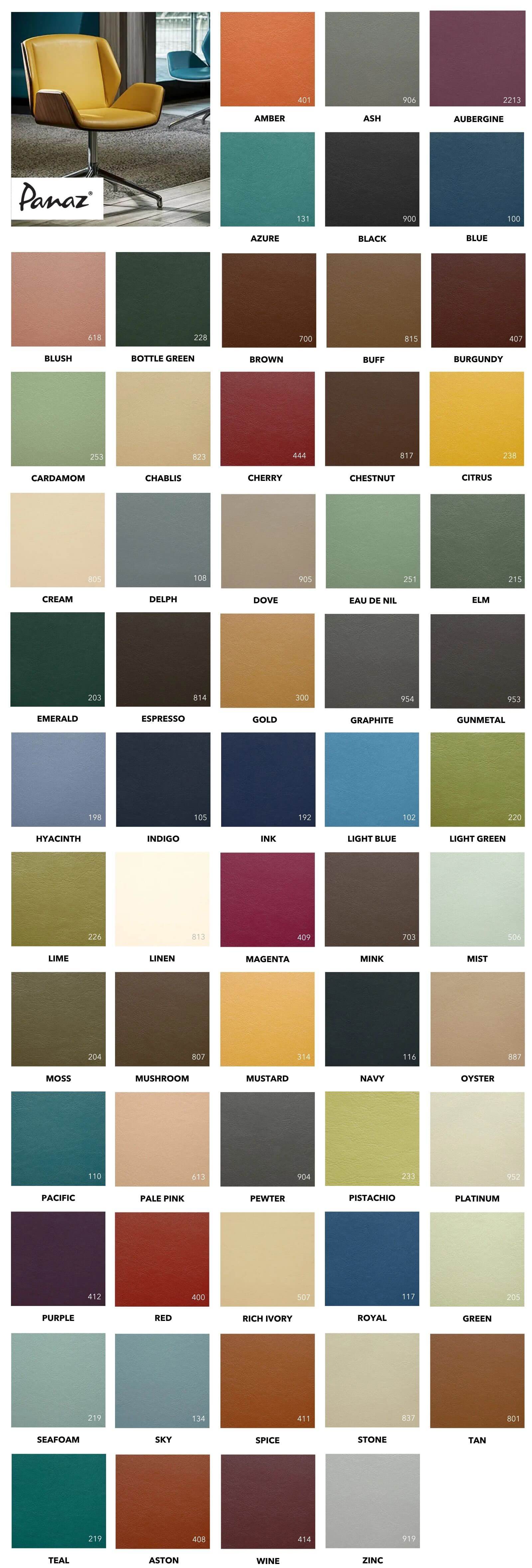 Panaz Aston faux leather collection shown as a grid of sixty-seven multicolored fabric swatches with a yellow chair.