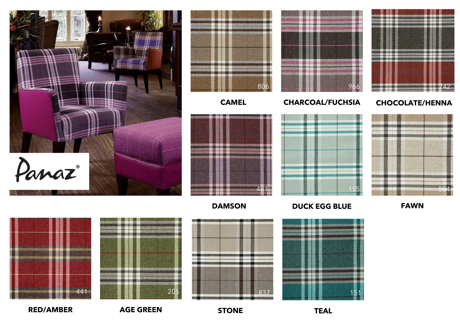 Panaz Hunter Check fabric swatches in ten colorways displayed alongside upholstered chairs featuring the tartan pattern.