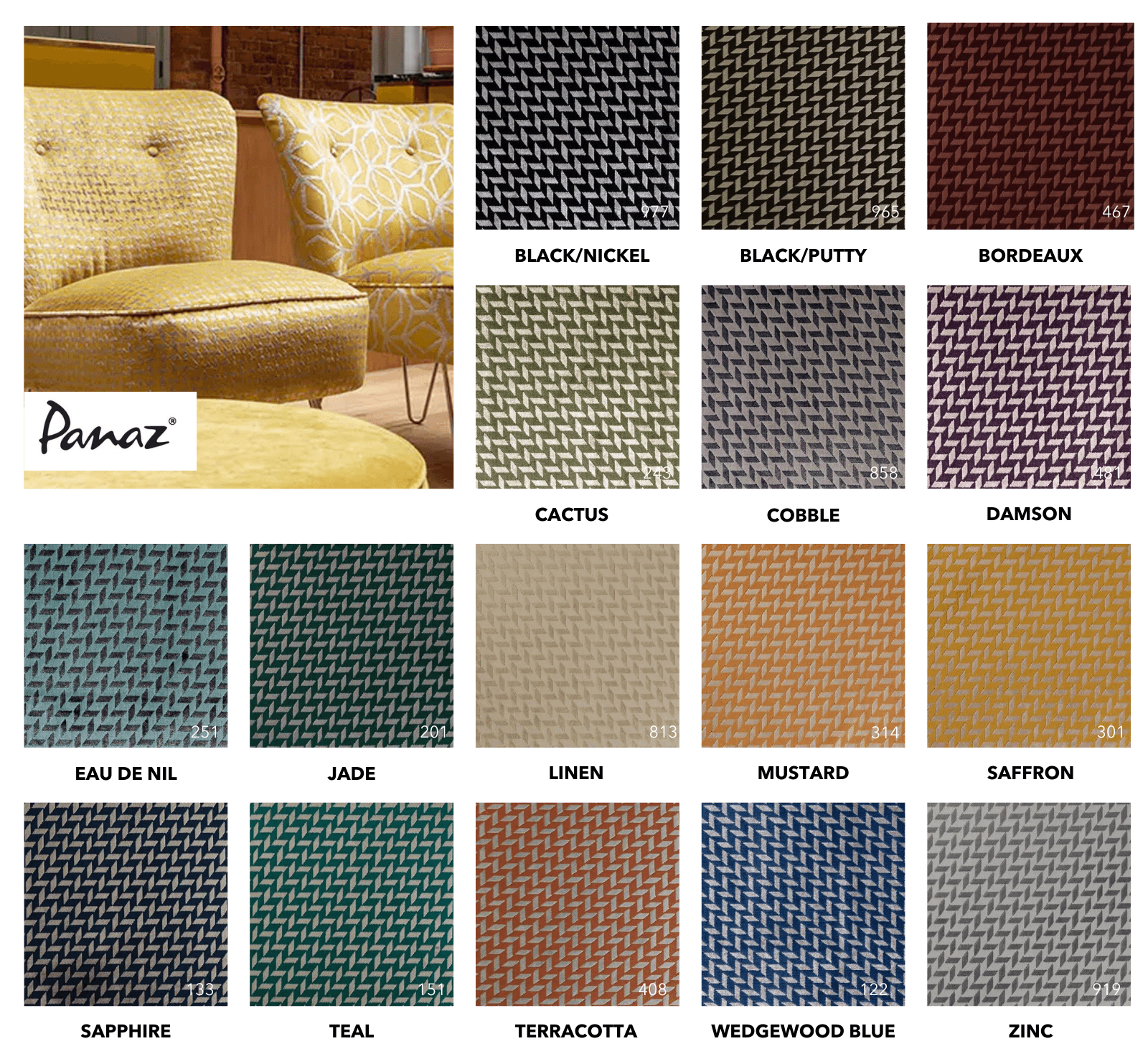 Panaz Adelphi woven fabric collection featuring a consistent geometric abstract pattern across fifteen color samples.