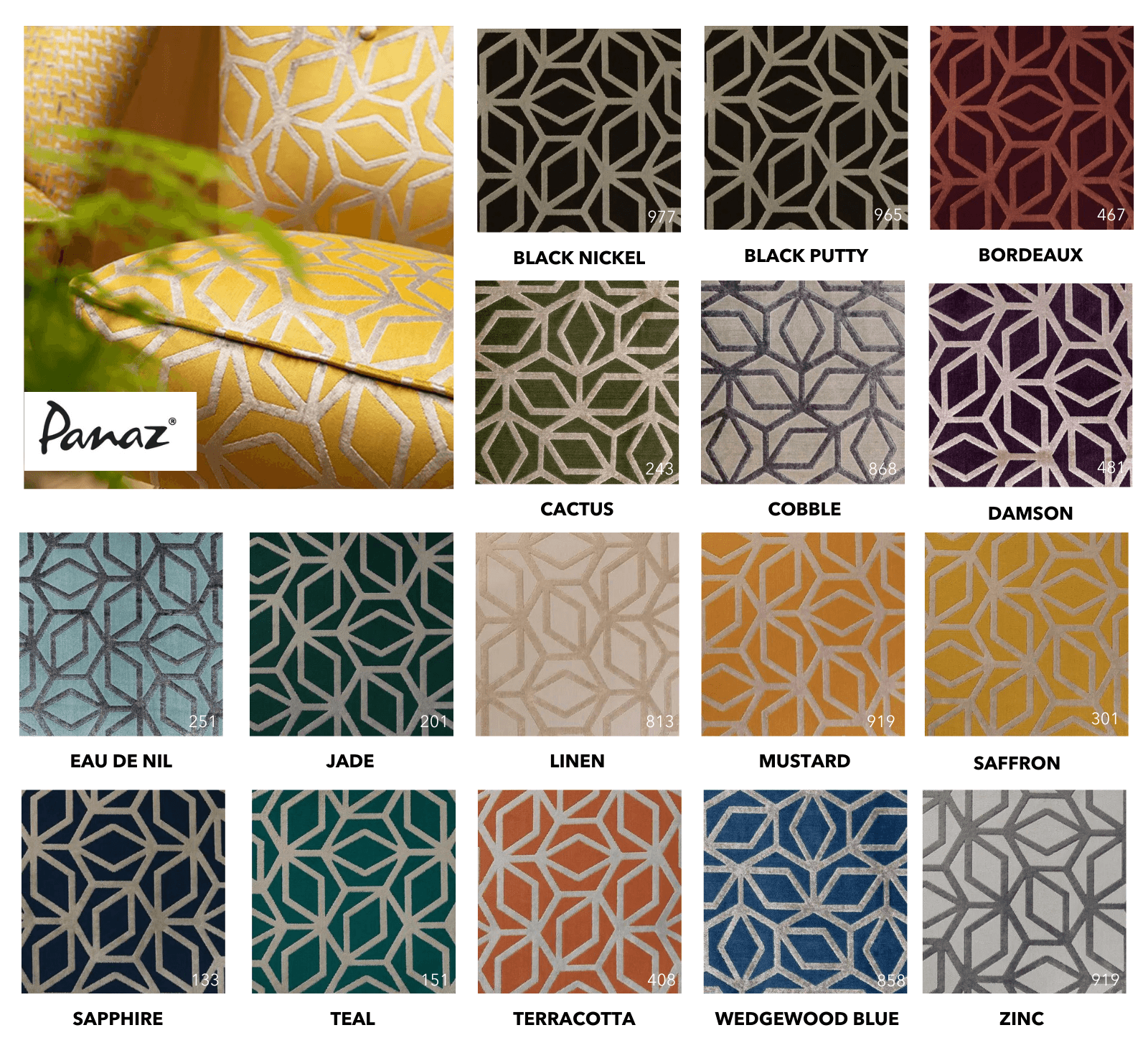 Panaz Lexington Corinthia fabric swatches displaying a repeating geometric abstract pattern in fifteen colorways.
