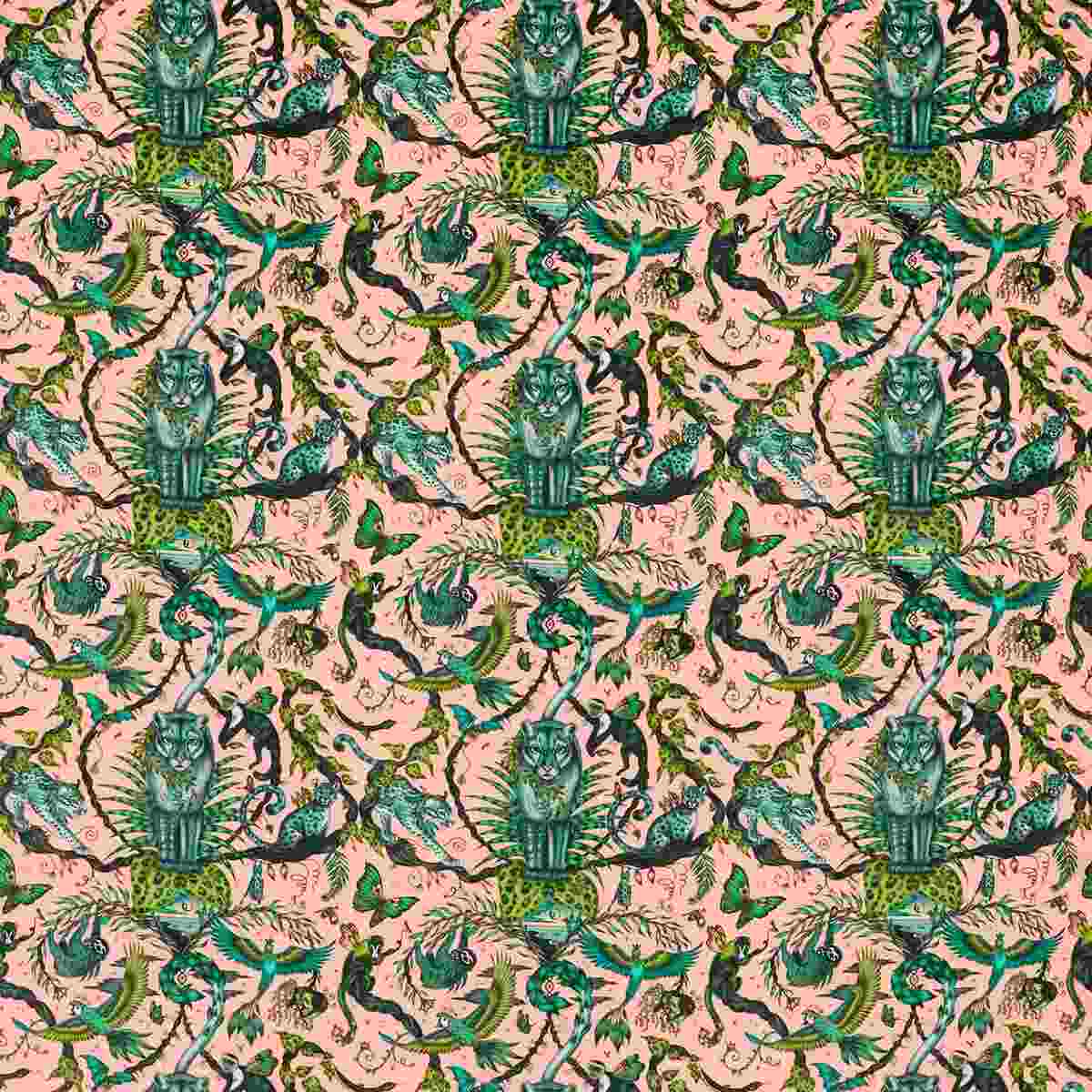 patterned-fabric Pale pink upholstery fabric features a repeating tropical jungle print with green leopards, monkeys, and exotic birds.