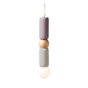 Play I Pendant Light featuring stacked mauve and grey lacquered cylinders, a natural oak wood sphere, and glowing bulb.
