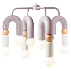 Play V pendant light with lilac metal arches, natural oak wood beads, and glowing white globe bulbs.
